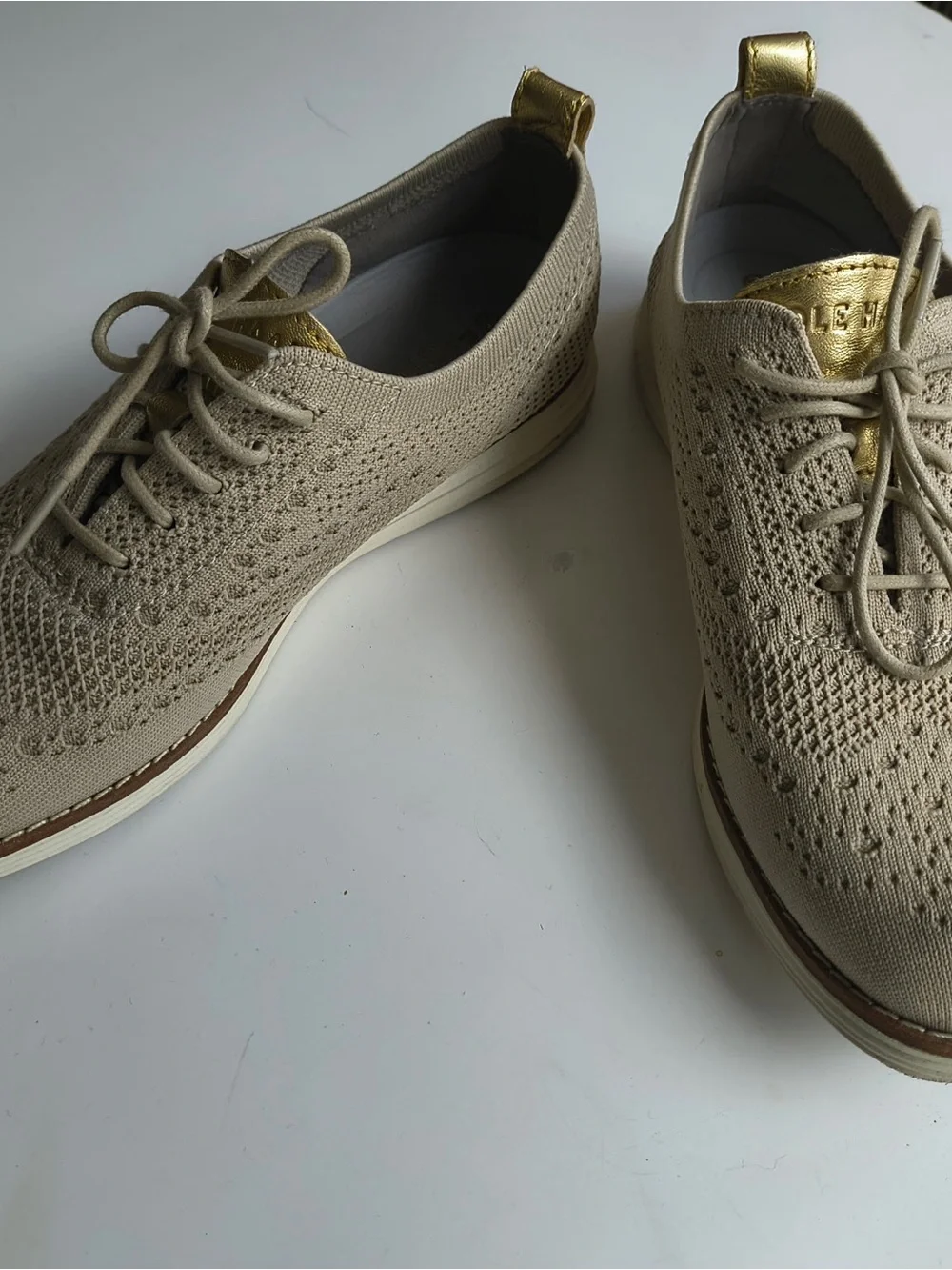 Cole Haan Beige Knit Lace-Up Oxfords with Gold Accent